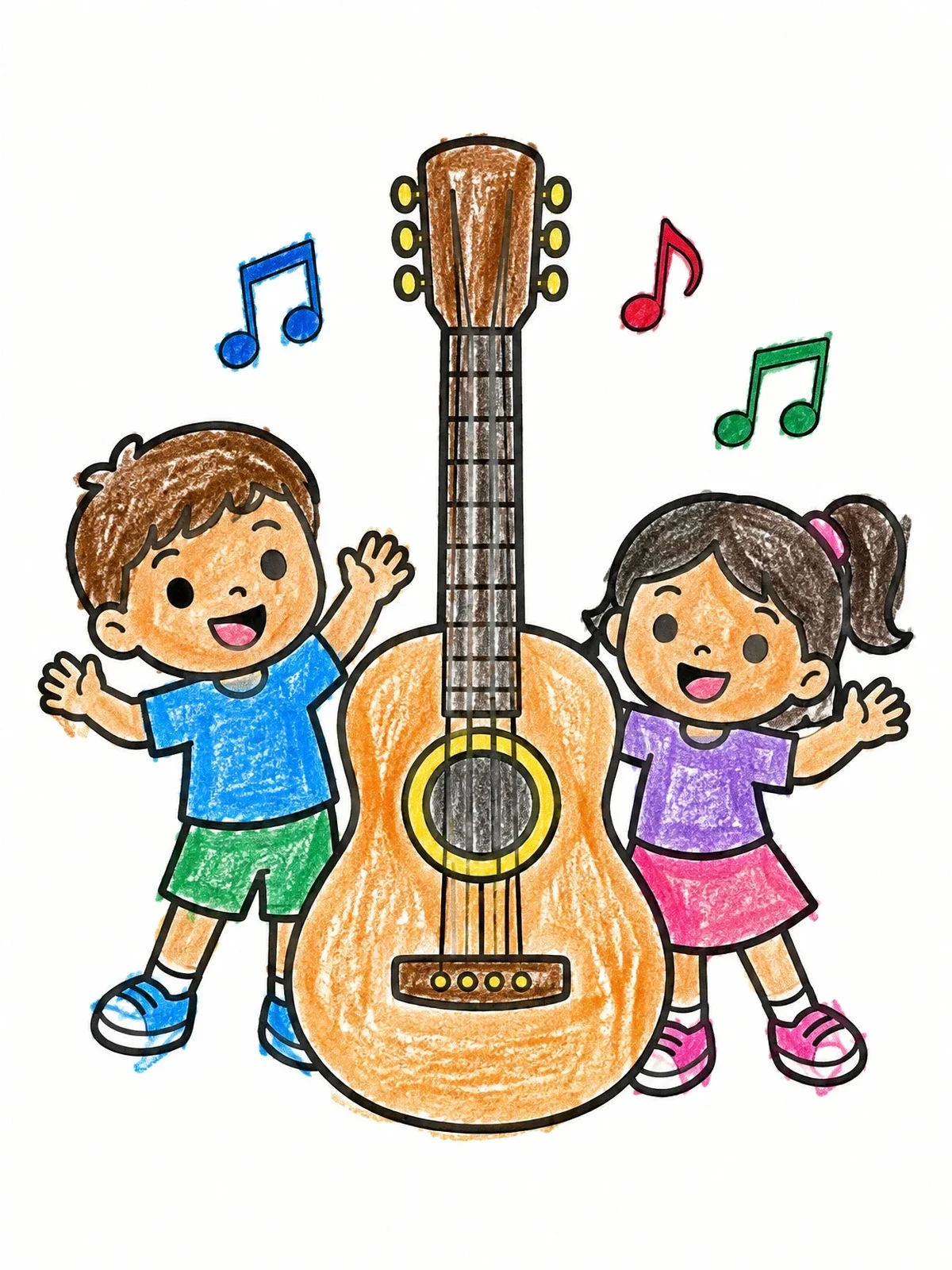 Colored example of the Happy Children Beside Large Guitar coloring page