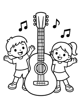 Free printable Happy Children Beside Large Guitar coloring page
