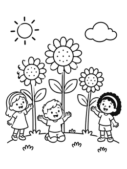 Free printable Happy Children Beside Tall Sunflowers coloring page