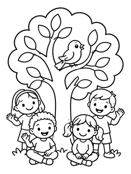 A sweet tree of life coloring page featuring smiling children and a perched bird.