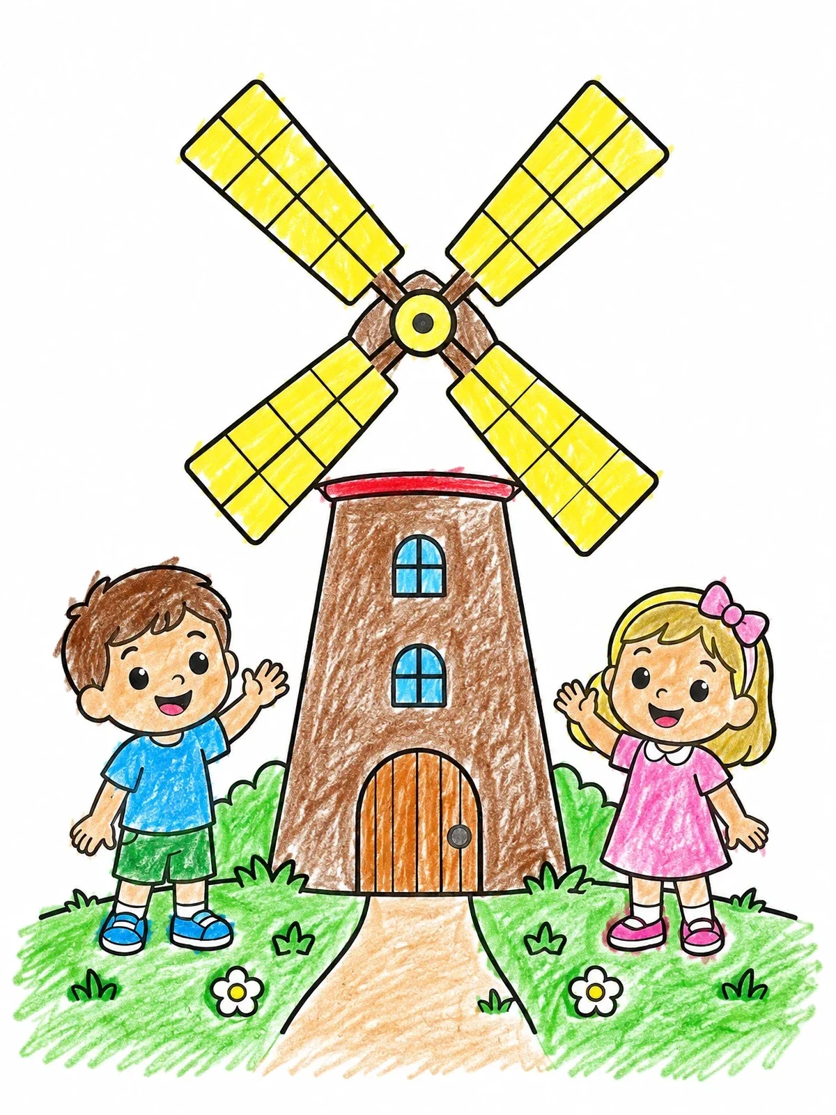 Colored example of the Happy Children By The Windmill coloring page