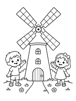 Free printable Happy Children By The Windmill coloring page