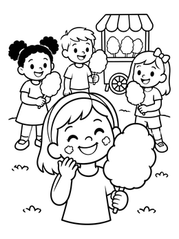Happy children enjoying treats in a cotton candy coloring page.
