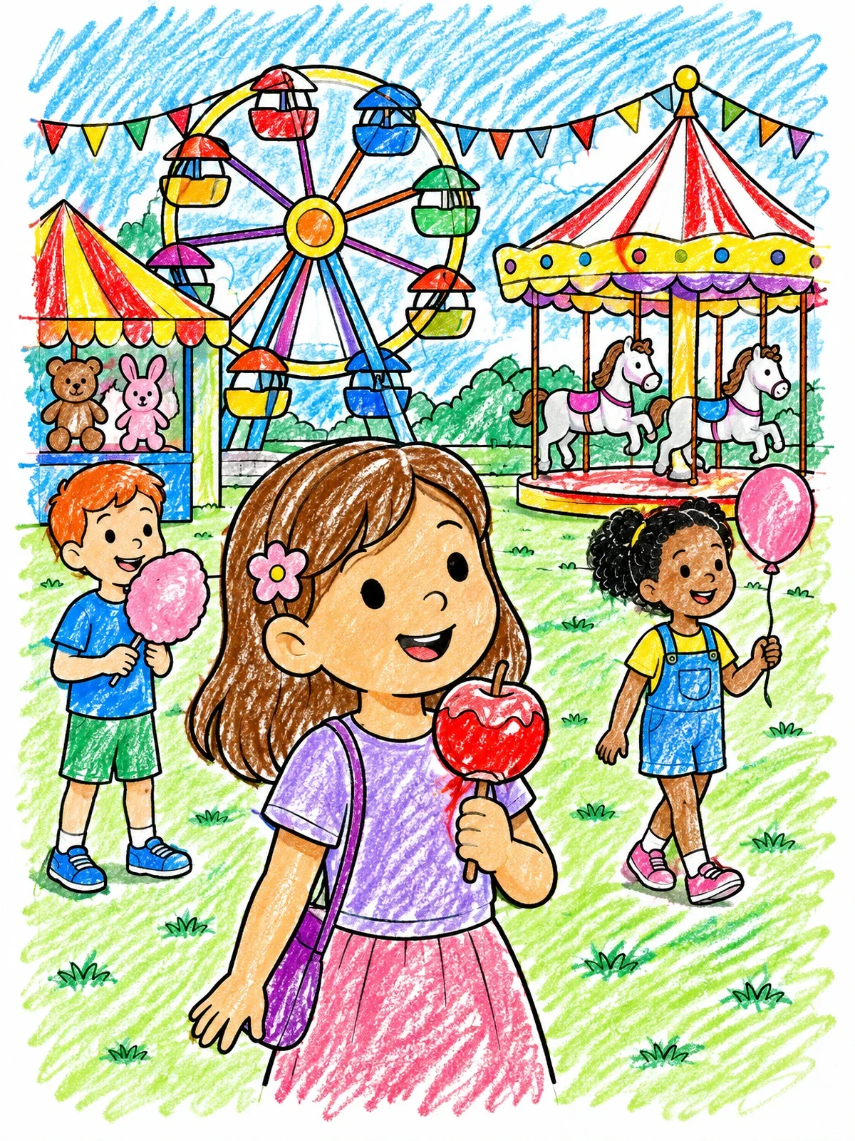 Colored example of the Happy Children At The Fair coloring page