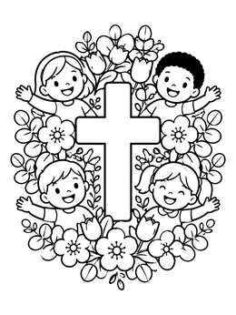 Free printable Happy Children And Cross Floral Wreath coloring page