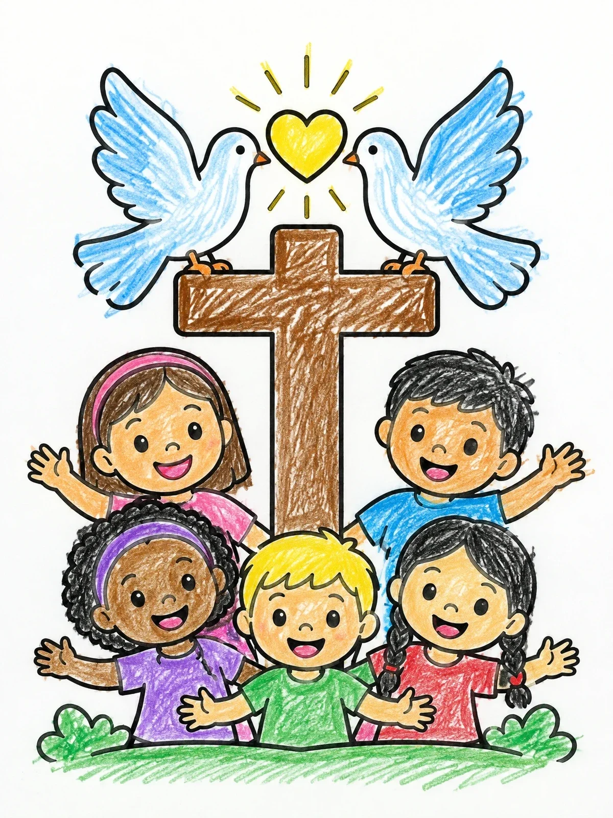 Colored example of the Happy Children With Cross, Heart, And Doves coloring page
