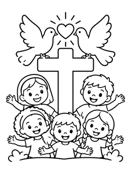 Free printable Happy Children With Cross, Heart, And Doves coloring page