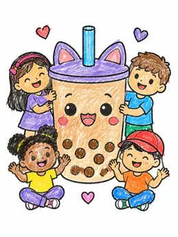 Happy Children Around Cute Boba Cup Coloring Page