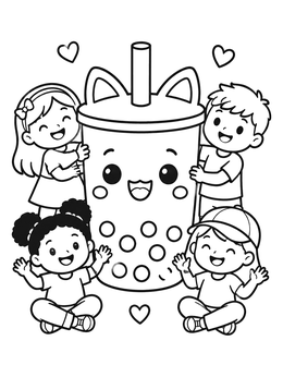 Free printable Happy Children Around Cute Boba Cup coloring page