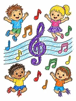 Color Ddrawing Color Happy Children Dancing Around Music Notes Coloring Page