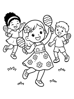 Free printable Happy Children Dancing With Maracas coloring page