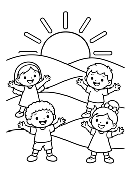 Happy children wave under a bright sun in this desert coloring page.
