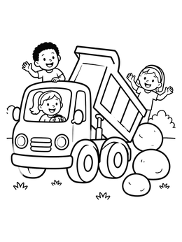 Free printable Happy Children Playing With Dump Truck coloring page