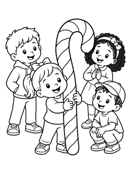 Cheerful kids gathered around a giant treat on this candy cane coloring page.