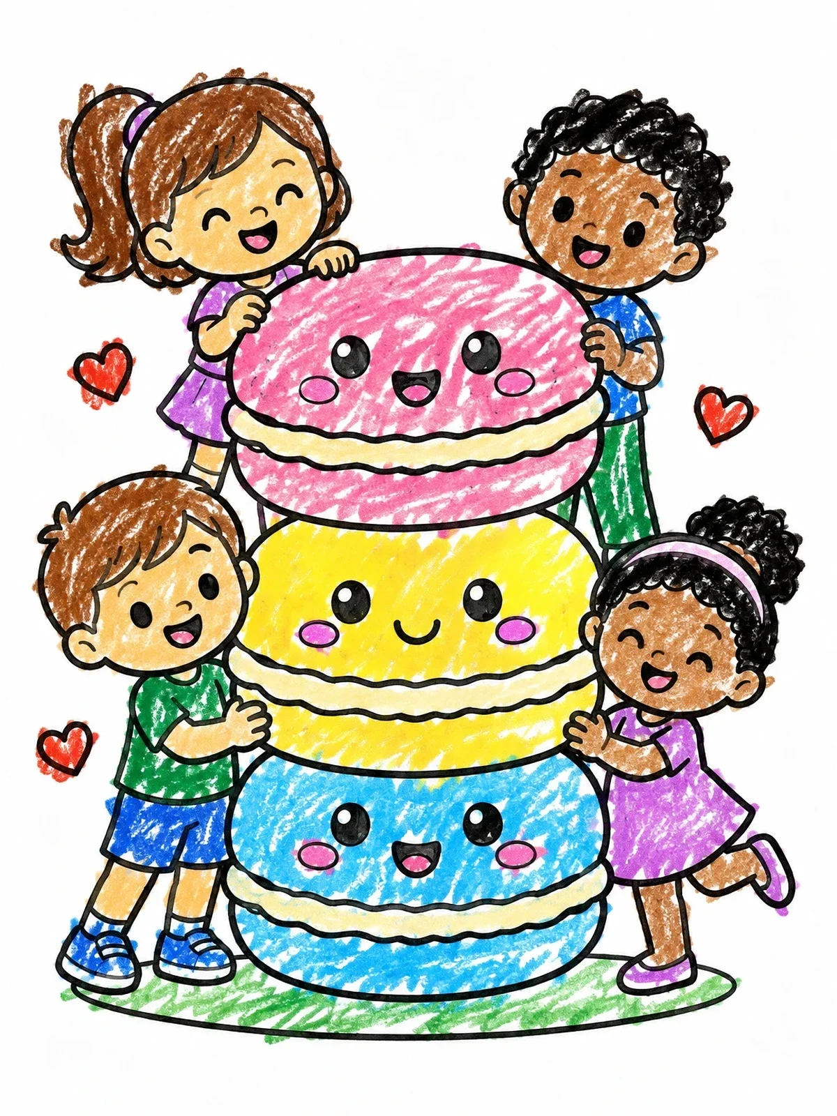 Colored example of the Happy Children Hugging Giant Macarons coloring page