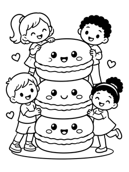 Free printable Happy Children Hugging Giant Macarons coloring page
