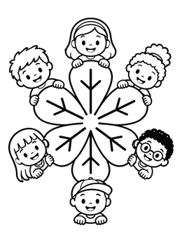 Happy kids peeking around a giant petal crystal in this snowflake coloring page.