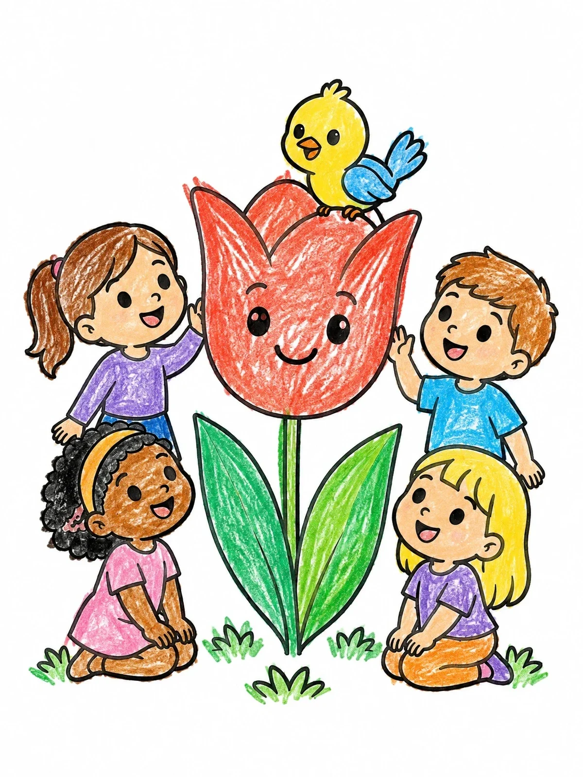 Colored example of the Happy Children Around A Giant Tulip coloring page