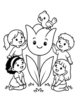 Children admiring a giant flower and bird on this tulip coloring page.
