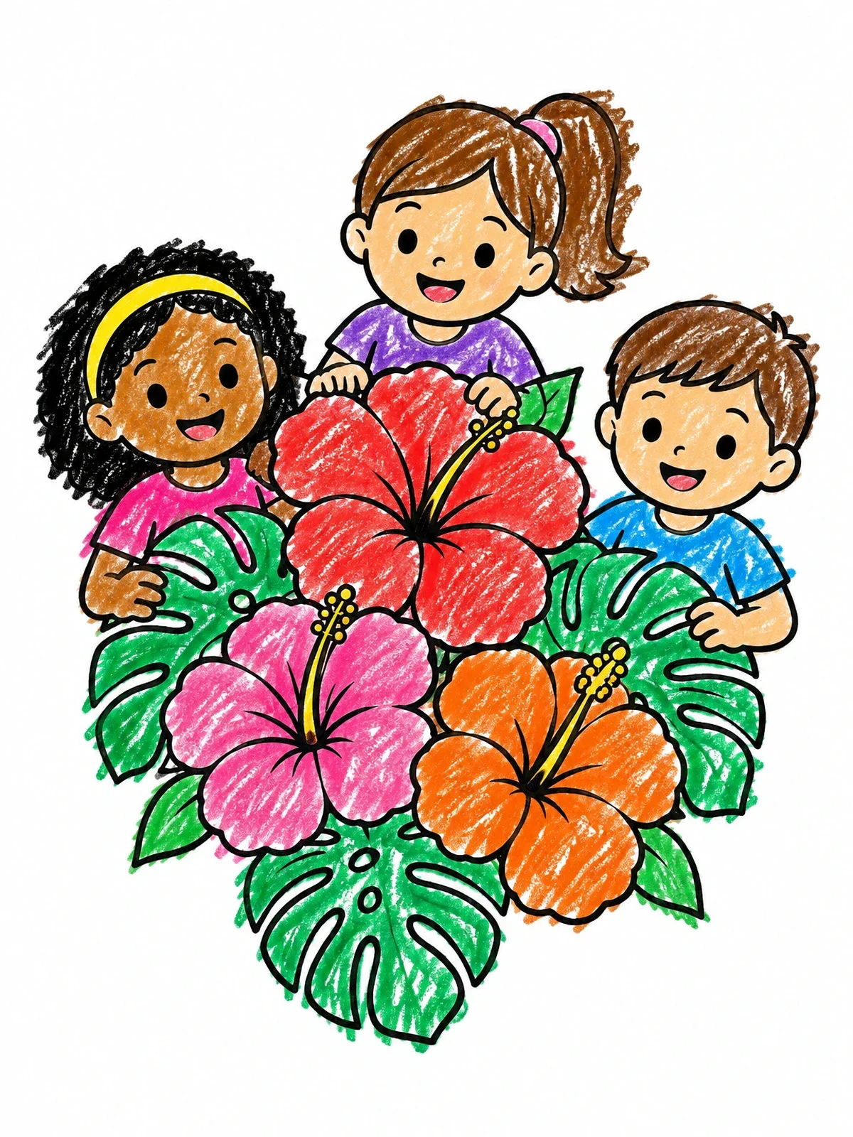 Colored example of the Happy Children With Hibiscus Flowers coloring page