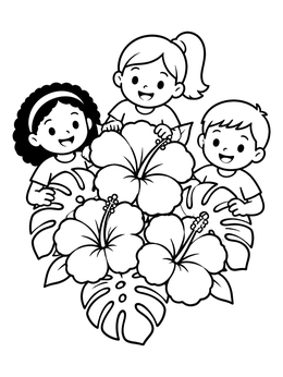 Free printable Happy Children With Hibiscus Flowers coloring page