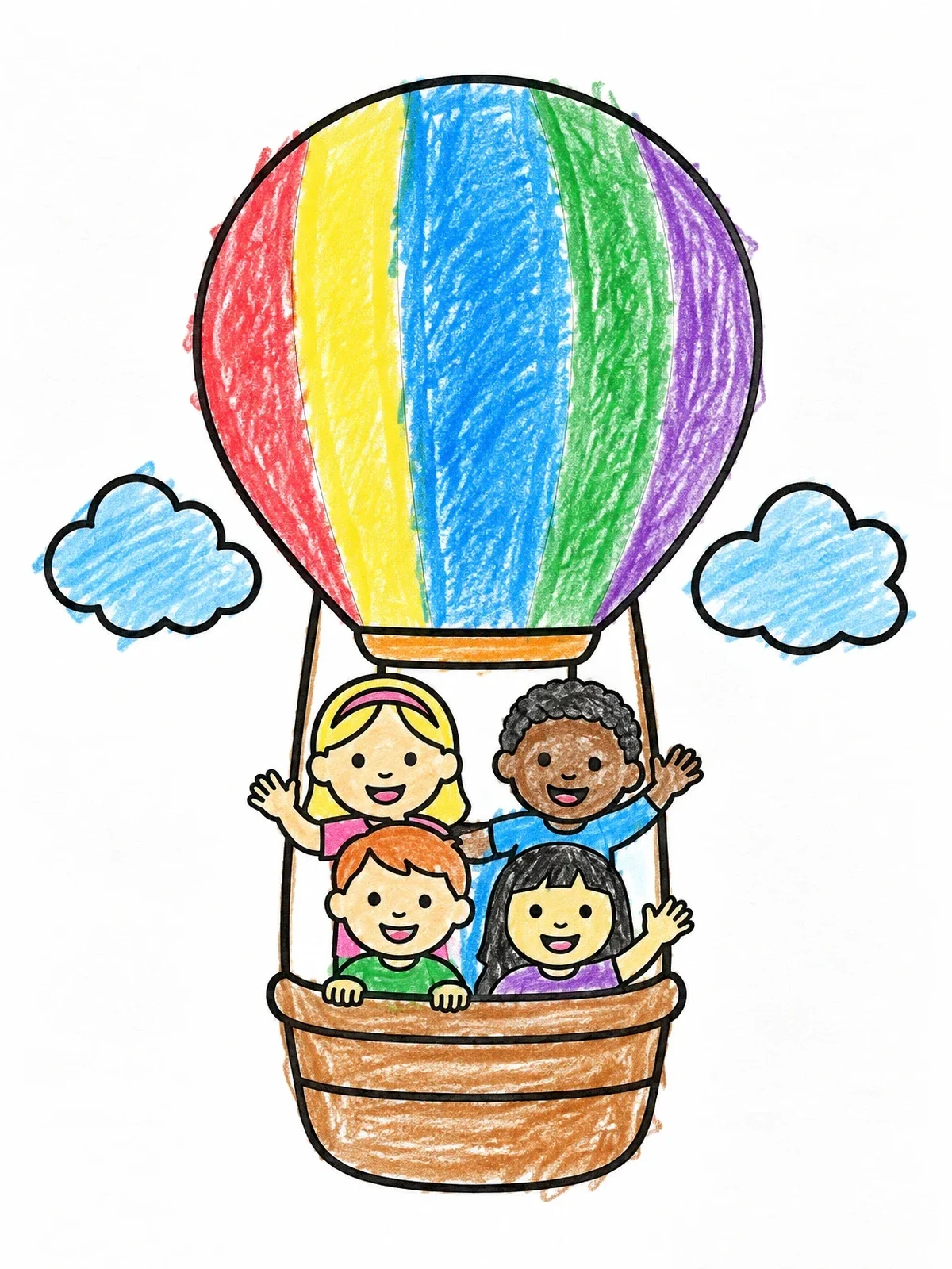 Colored example of the Happy Children In Hot Air Balloon coloring page