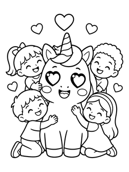 A cheerful unicorn emoji coloring page surrounded by loving children and floating hearts.