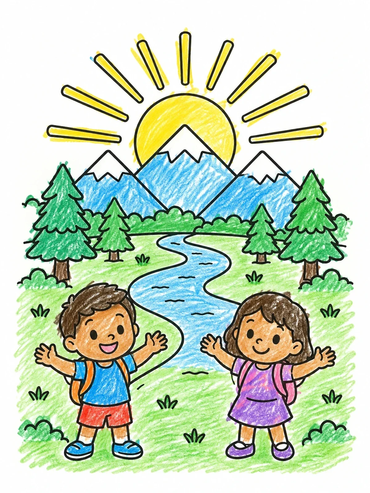 Colored example of the Happy Children Watching Mountain Sunrise coloring page