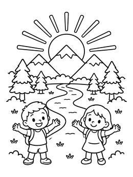 Free printable Happy Children Watching Mountain Sunrise coloring page