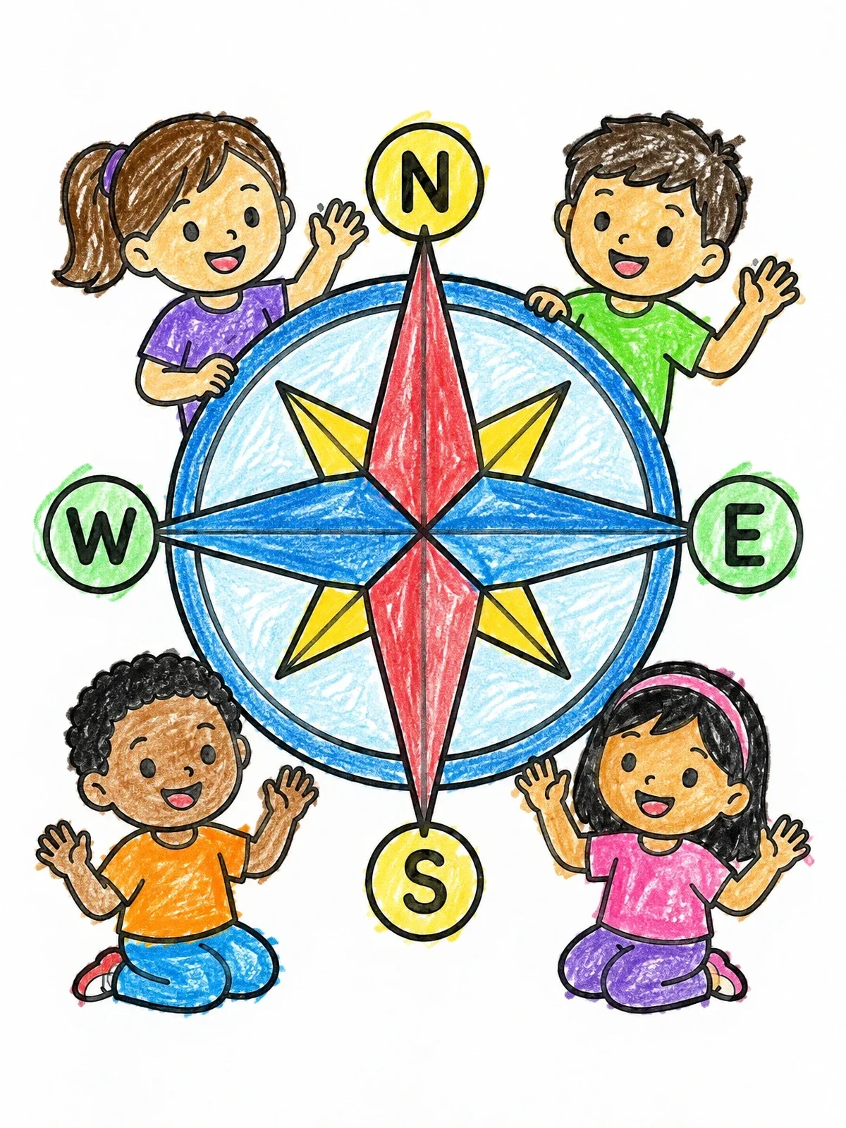 Colored example of the Happy Children Around A Compass coloring page