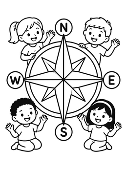 Free printable Happy Children Around A Compass coloring page
