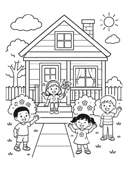 Free printable Happy Children Outside Cozy House coloring page