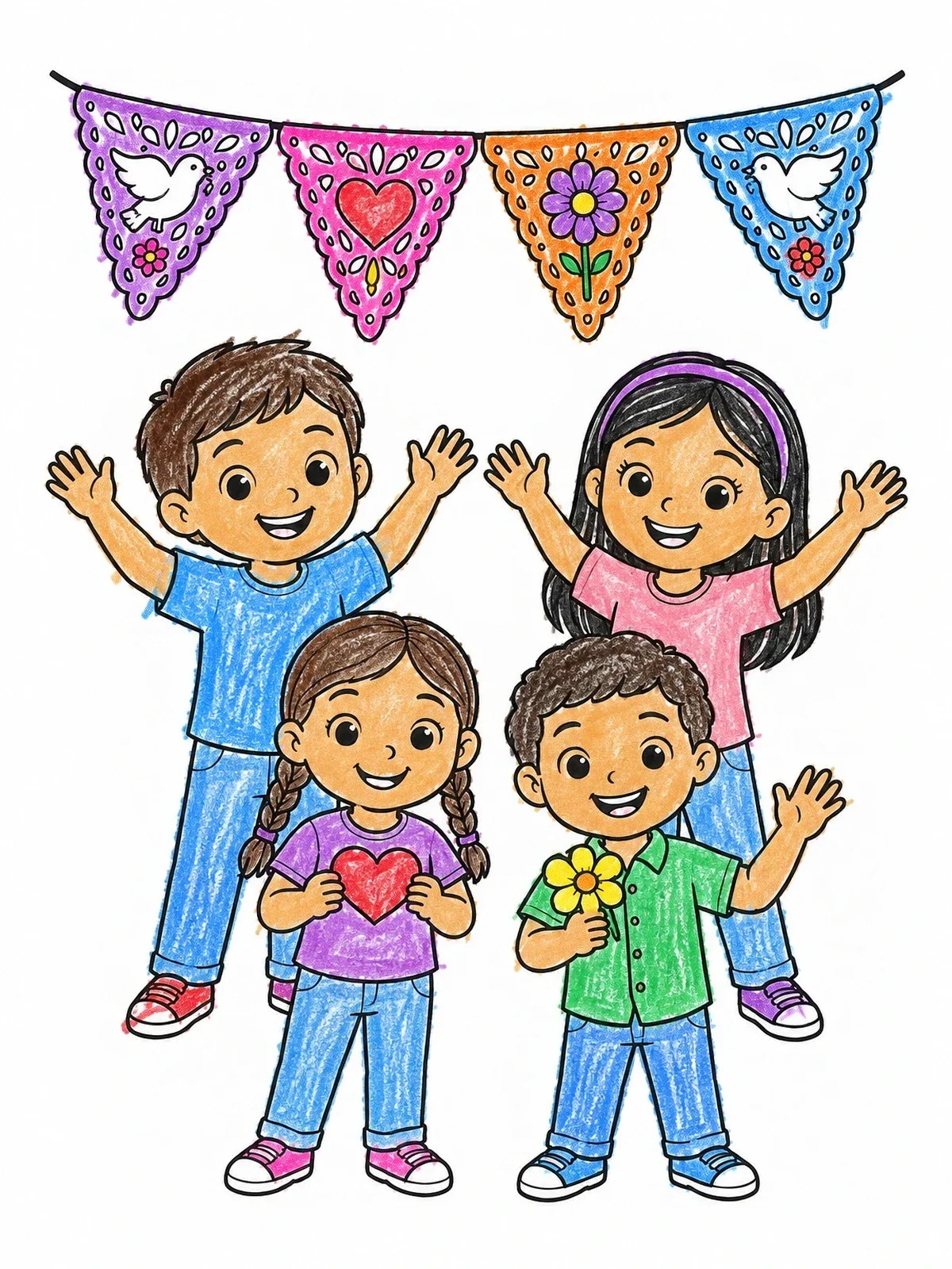 Colored example of the Happy Children Celebrating Under Papel Picado coloring page