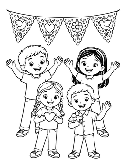Free printable Happy Children Celebrating Under Papel Picado coloring page