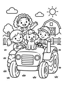 Free printable Happy Children And Puppy On A Farm Tractor coloring page