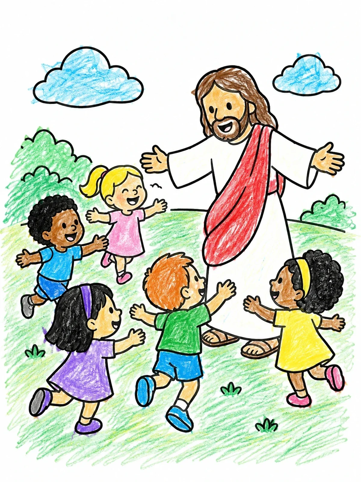 Colored example of the Happy Children Running To Jesus coloring page