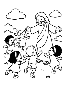 Free printable Happy Children Running To Jesus coloring page