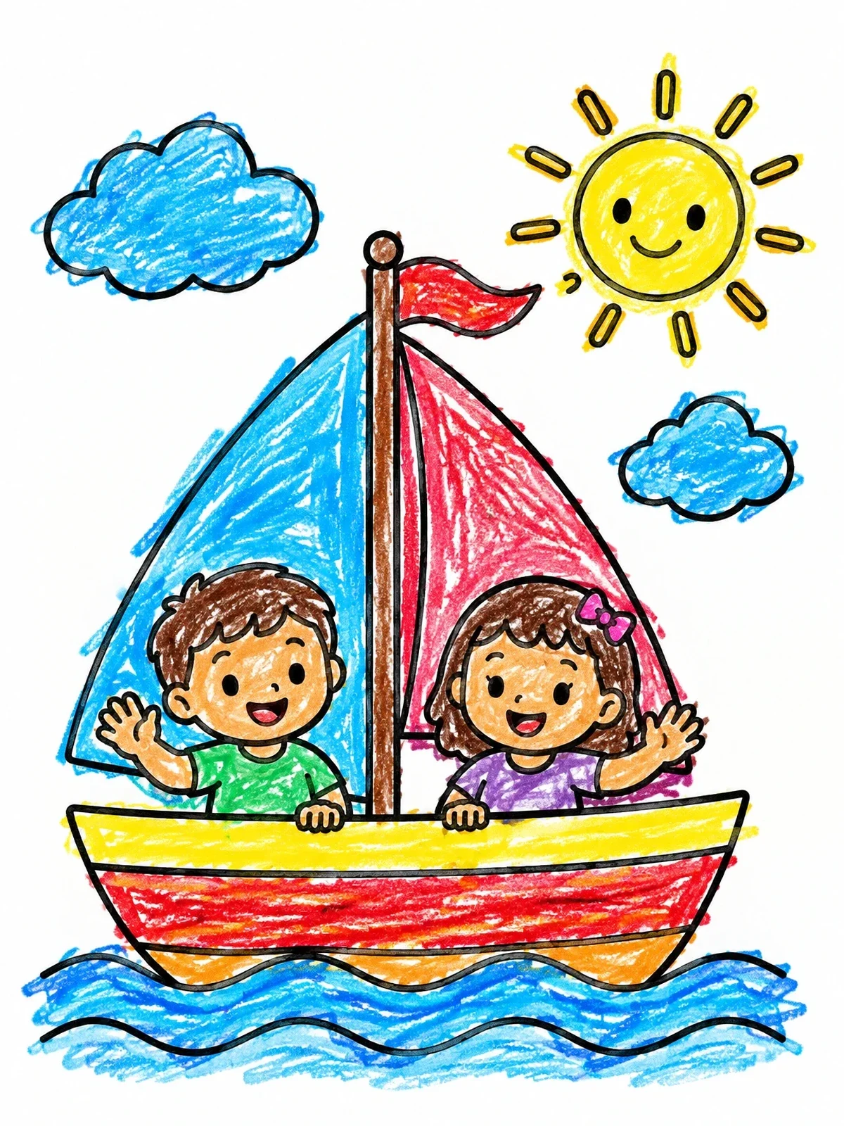 Colored example of the Happy Children Sailing In A Boat coloring page