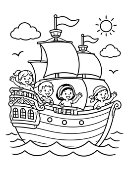 Free printable Happy Children Sailing On Galleon coloring page
