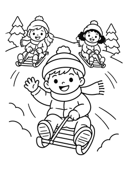 Free printable Happy Children Sledding Downhill coloring page