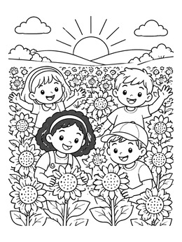 Free printable Happy Children In Sunflower Field coloring page