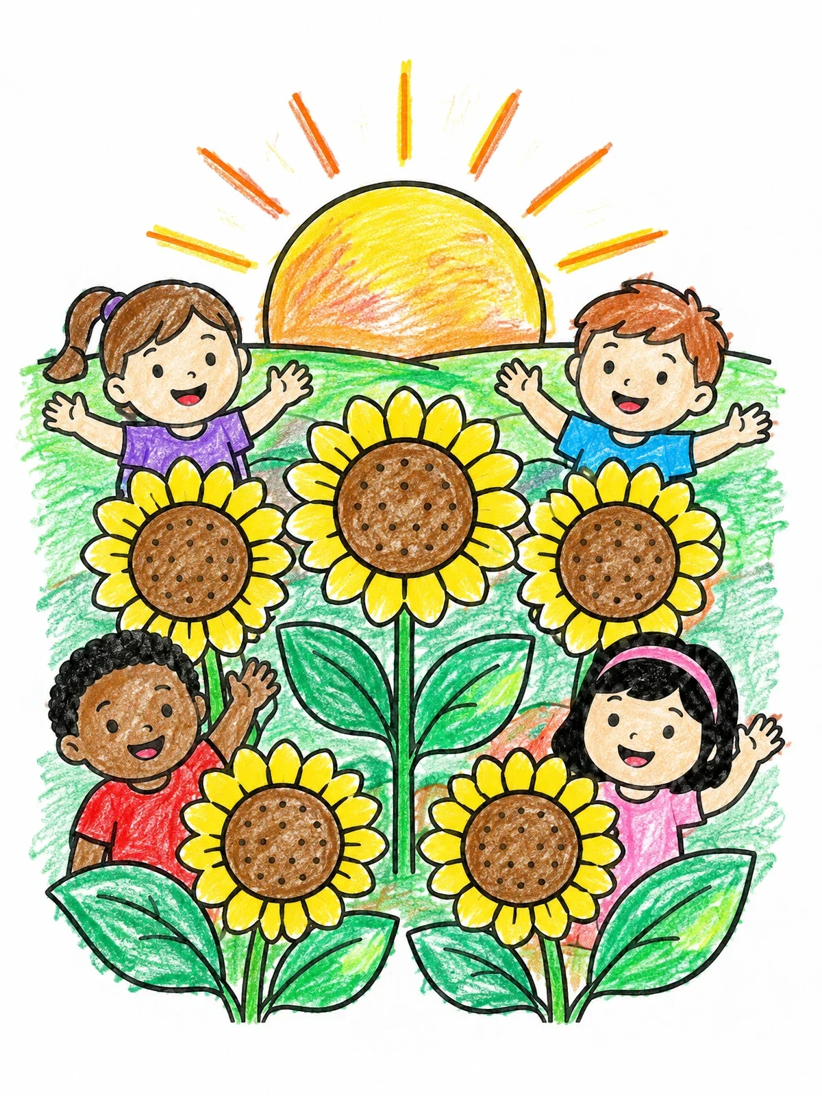 Colored example of the Happy Children In A Sunflower Sunset coloring page