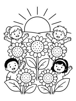 Free printable Happy Children In A Sunflower Sunset coloring page