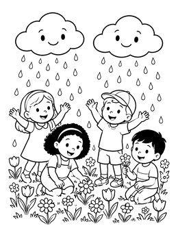 Happy Children under Rain Clouds coloring page