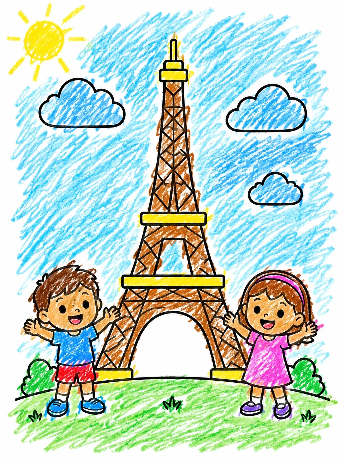 Colored example of the Happy Children Visiting The Eiffel Tower coloring page