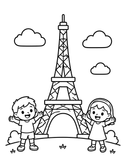 Free printable Happy Children Visiting The Eiffel Tower coloring page