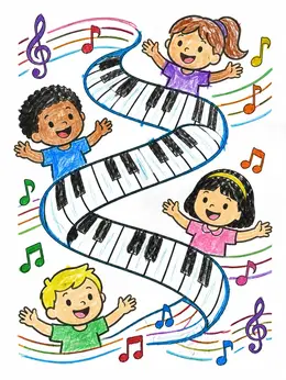Happy Children And Wavy Piano Path Coloring Page