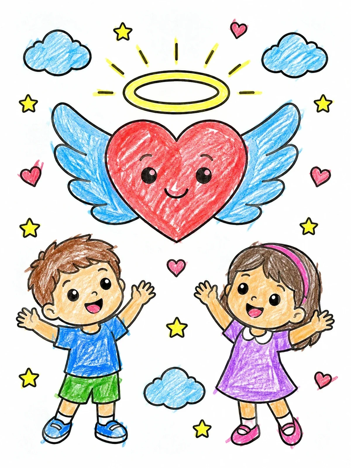 Colored example of the Happy Children And Winged Heart coloring page