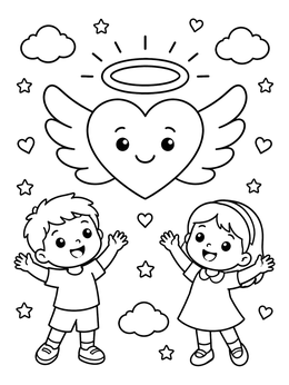 Free printable Happy Children And Winged Heart coloring page