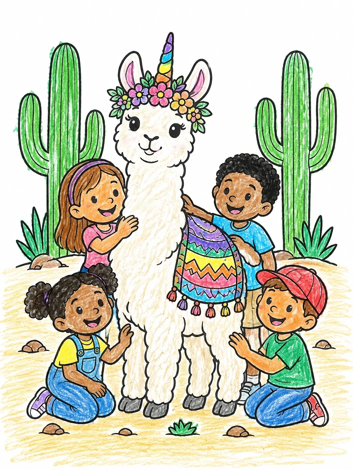 Colored example of the Happy Children With Cute Llamacorn coloring page